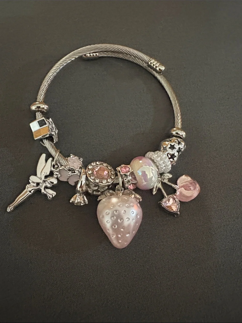 Silver-Tone Charm Bracelet with Pink Strawberry and Fairy Charms